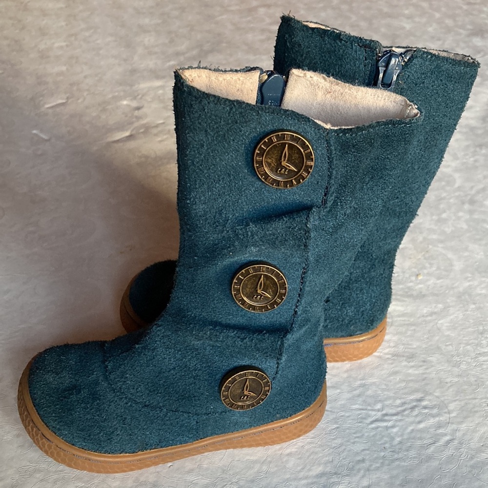 Livie & Luca Leather Boots size 5 EUC Blue with decorative metal buttons and zip